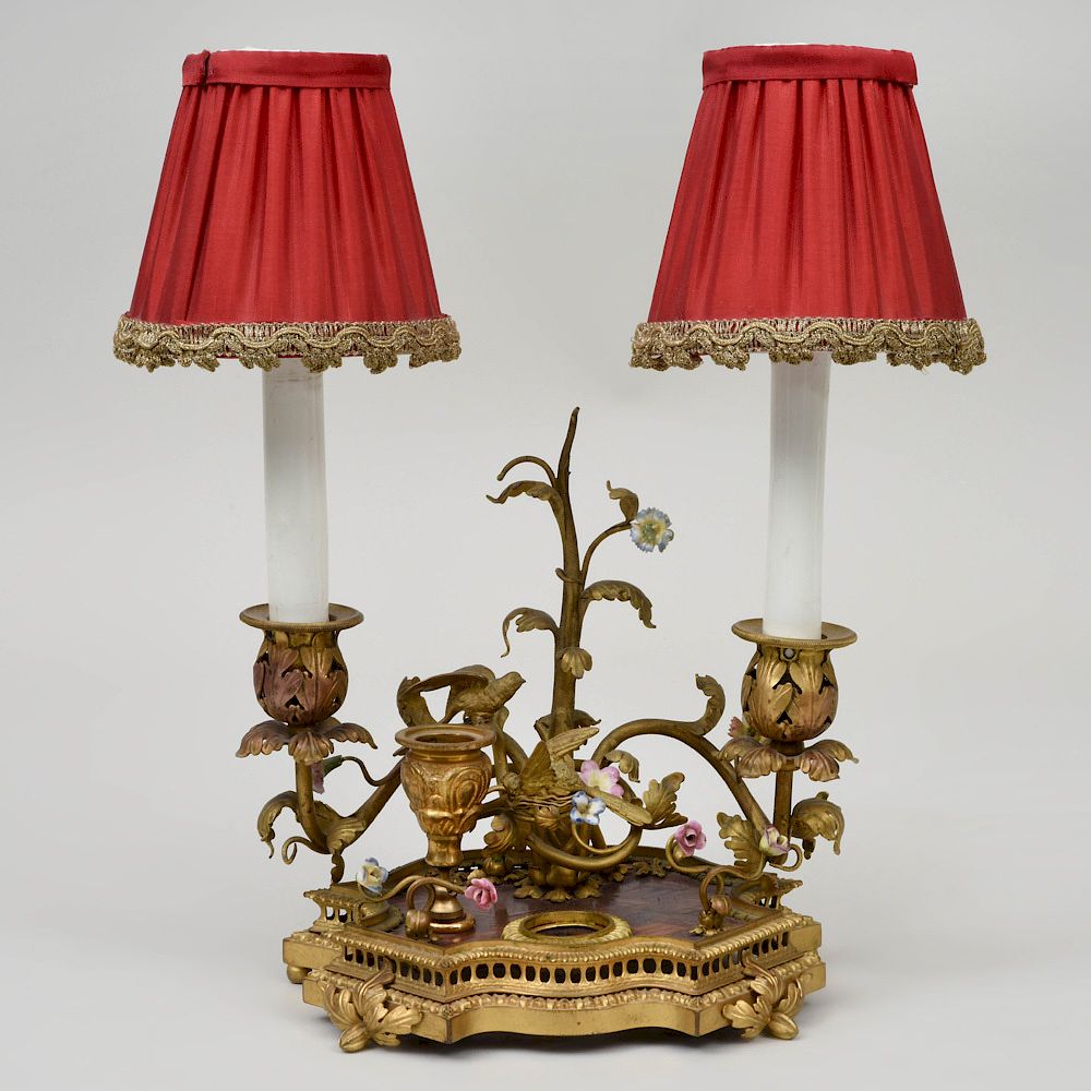 Appraisal: Louis XV Style Gilt-Bronze-Mounted Porcelain Encrier fitted as a Two-Light