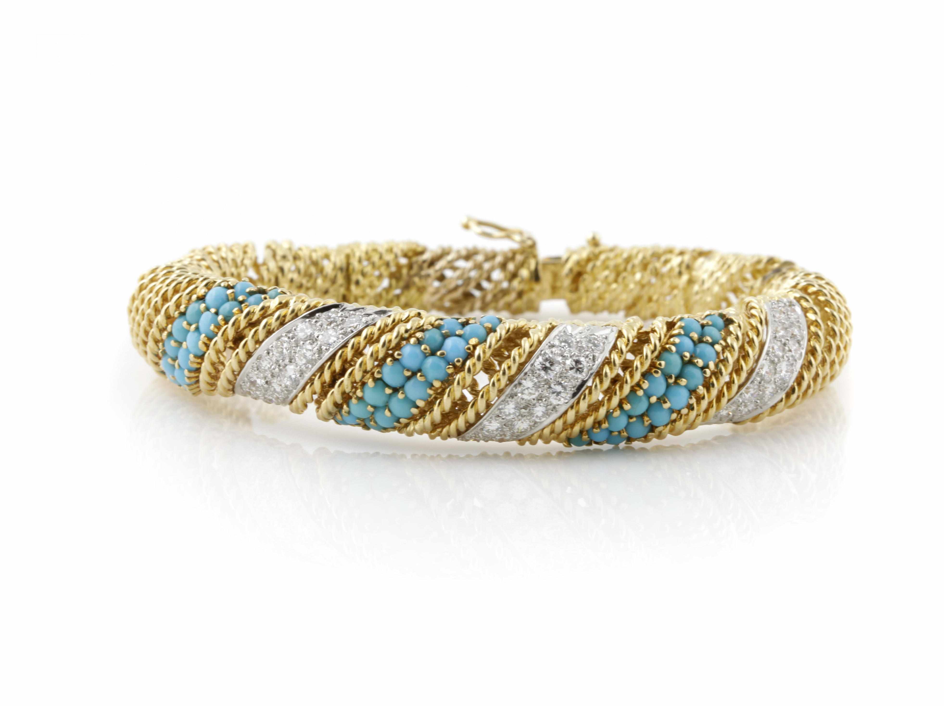 Appraisal: A diamond turquoise and k bicolor gold bangle diameter in