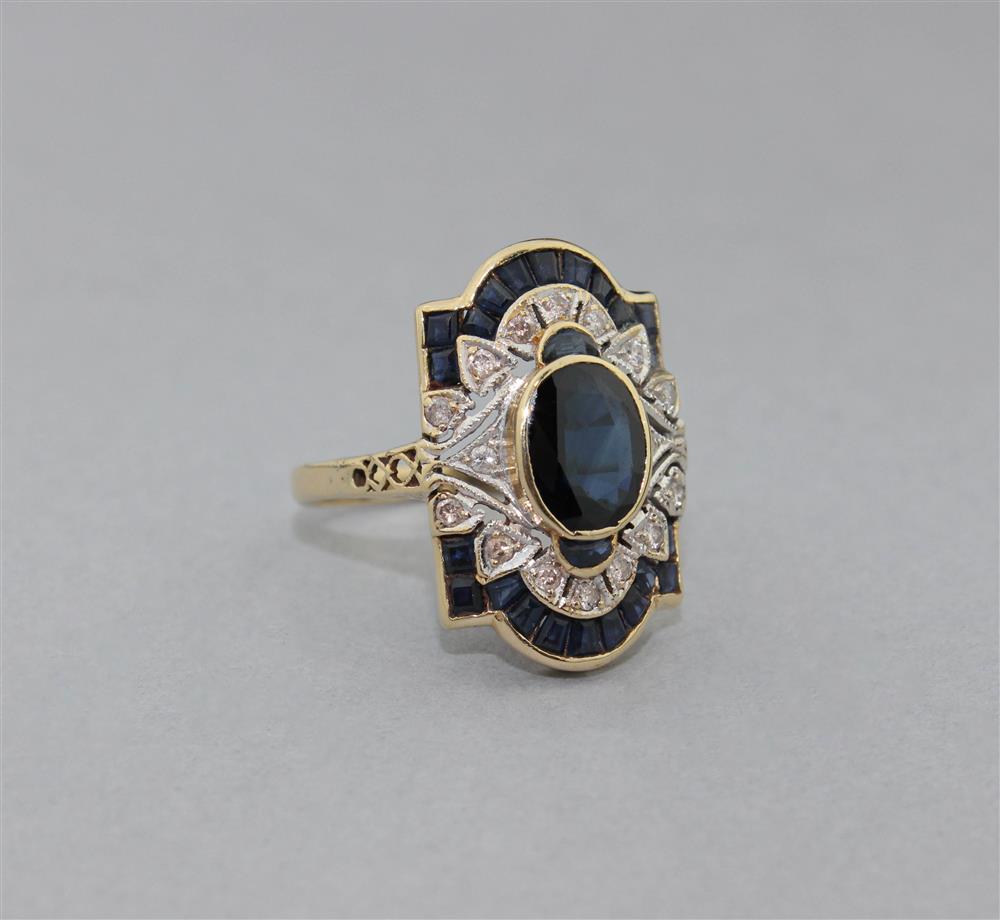 Appraisal: ART DECO STYLE BLUE SAPPHIRE AND DIAMOND RING SET IN