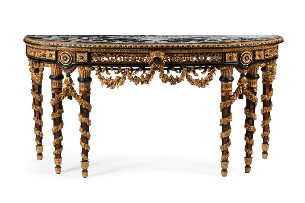 Appraisal: Large Louis XVI-Style Parcel Gilt and Faux Tortoiseshell Console demilune