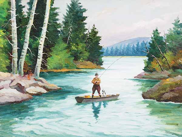 Appraisal: August Weiss American th c Fishing oil on canvas signed