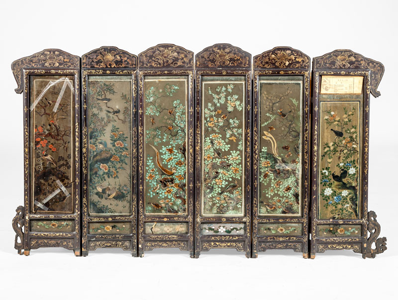 Appraisal: CHINESE BLACK LACQUER AND PARCEL-GILT SIX-PANEL TABLE SCREEN With verre