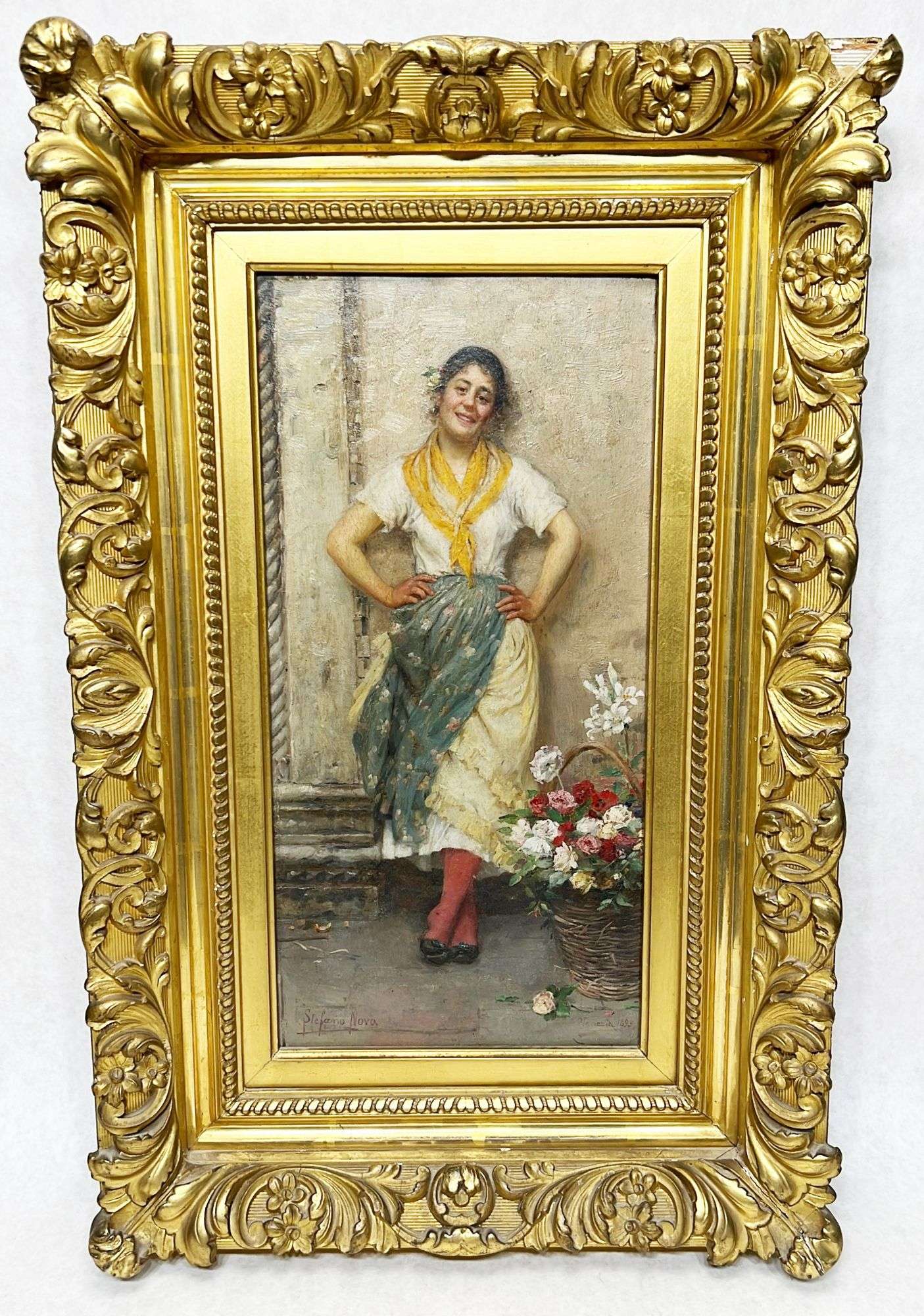 Appraisal: Stafano Novo - Italian Oil On Board Woman with Flower