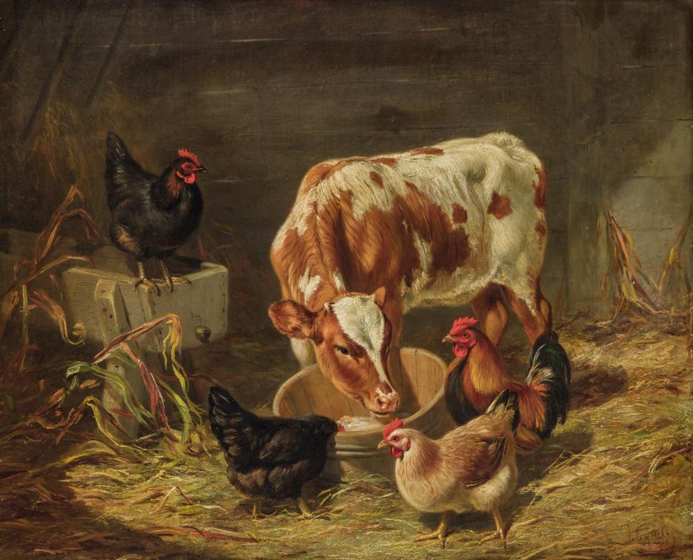 Appraisal: ARTHUR FITZWILIAM TAIT American - Calf and Fowls oil on