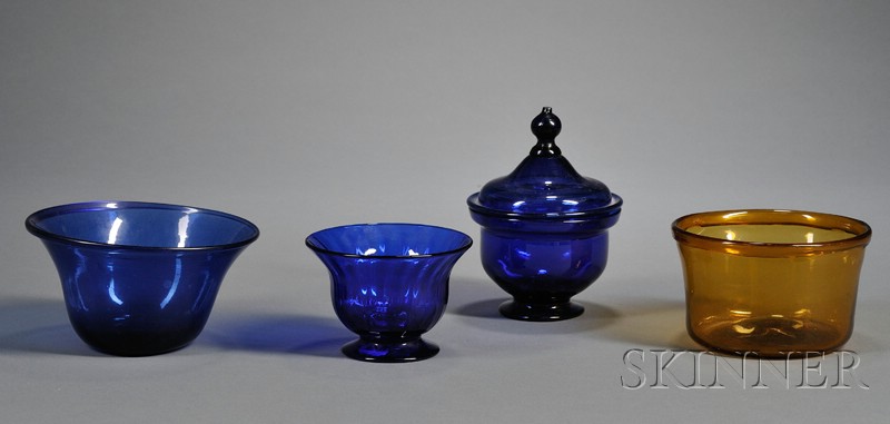 Appraisal: Four Early Free-blown Colored Glass Items th century including three