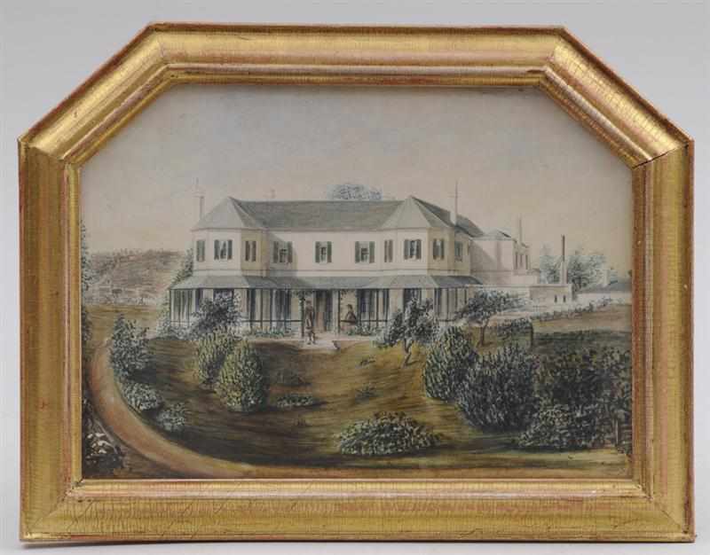 Appraisal: AMERICAN FOLK ART PICTURE Watercolor painting of a plantation x