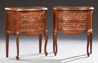 Appraisal: Pair of Continental Louis XV Style Carved Mahogany Bowfront Marble