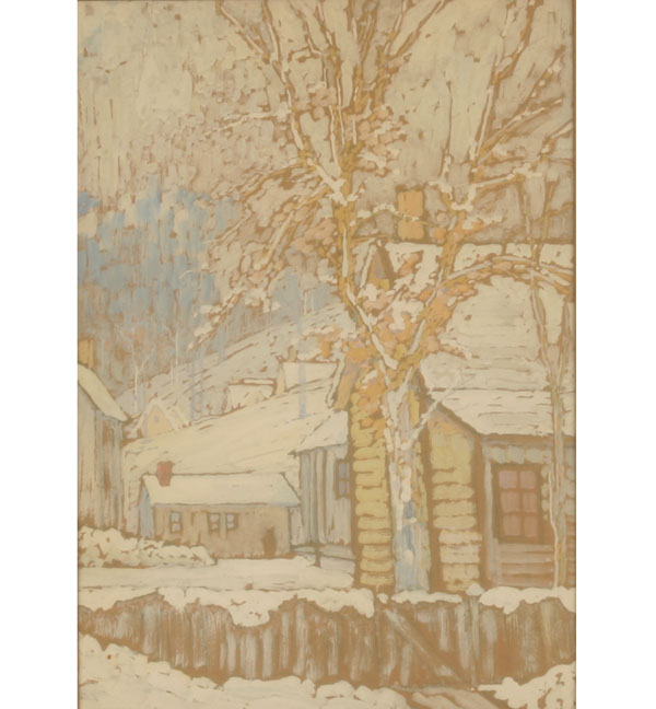 Appraisal: Impressionist watercolor winterscape with cabins and out-buildings x signed P