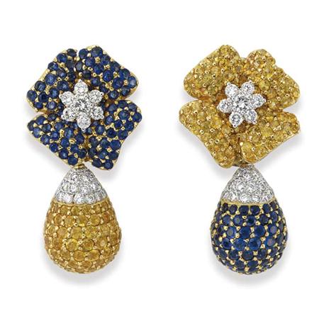 Appraisal: Pair of Gold Sapphire Yellow Sapphire and Diamond Flower Pendant-Earclips