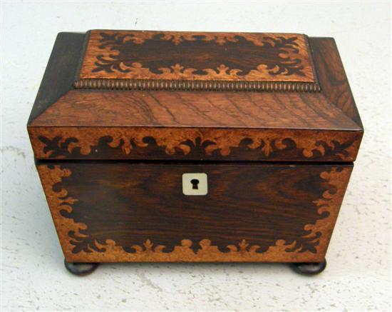 Appraisal: George III rosewood sarcophagus shaped tea caddy with marquetry inlaid