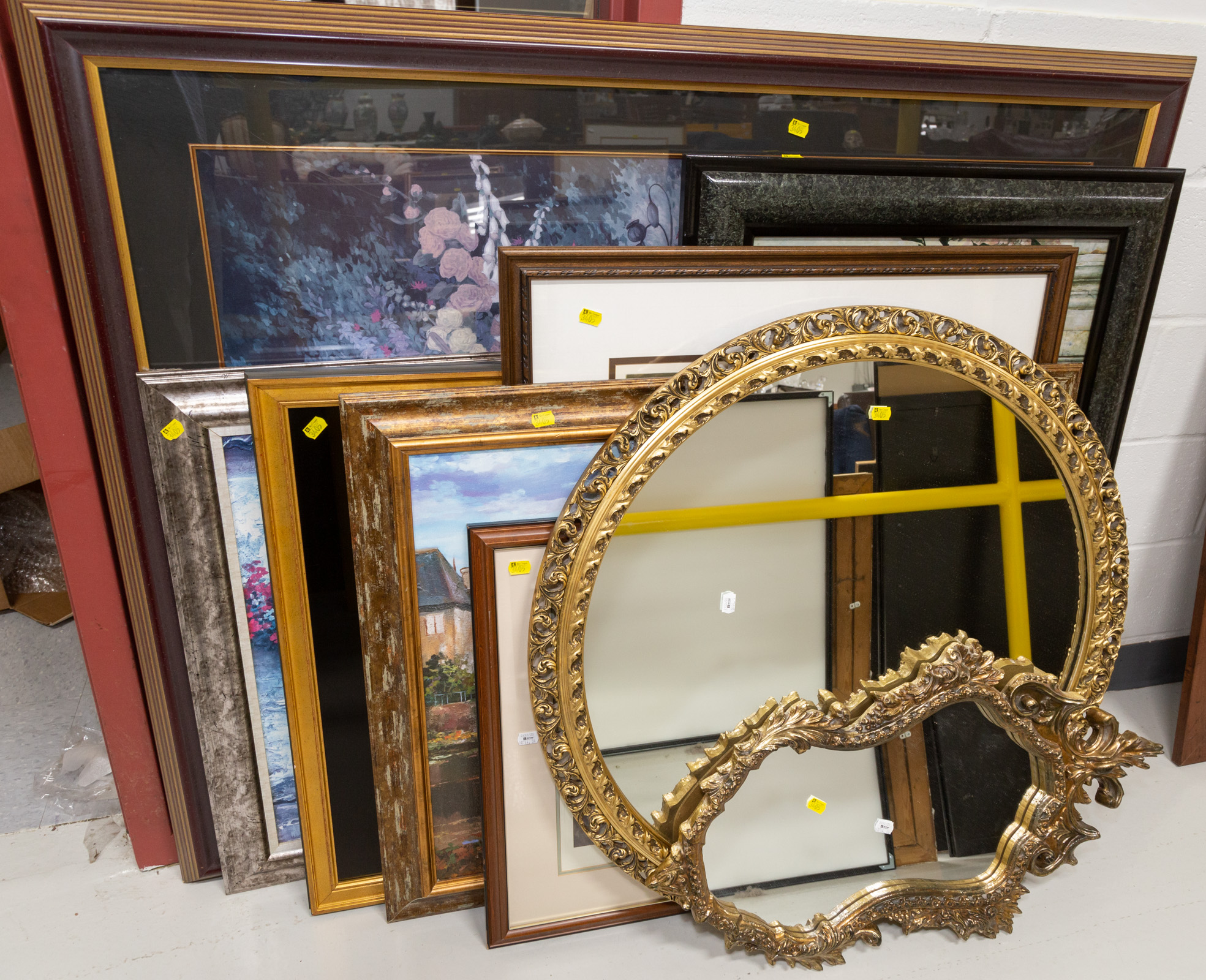 Appraisal: TWO GILT FRAMED MIRRORS SEVEN FRAMED ARTWORKS Includes two hunt