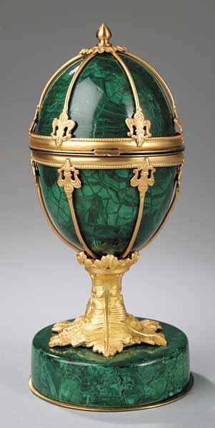 Appraisal: An Empire-Style Malachite and Gilt Bronze Egg-Shaped Box on Stand