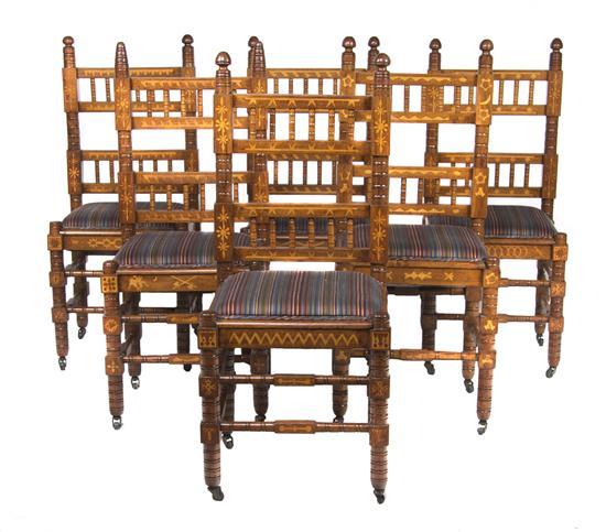 Appraisal: Set of Six Folk Art Inlaid Side Chairs each slightly