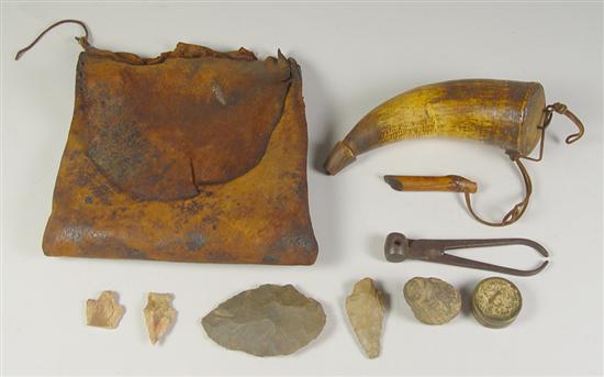 Appraisal: Leather Possibles Bag Contains powder horn and bamboo measure bullet