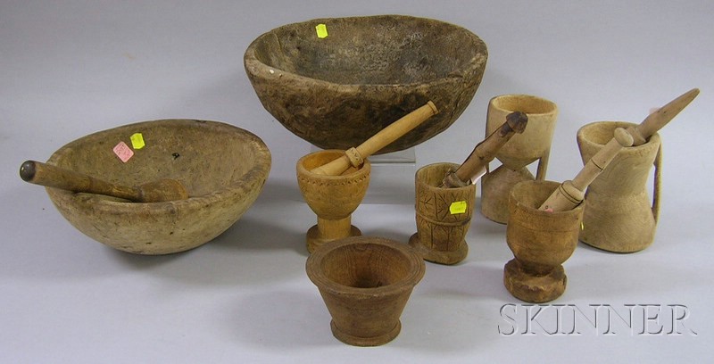 Appraisal: Two Burlwood Bowls and Six Wooden Mortars with Five Pestles