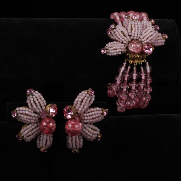 Appraisal: Miriam Haskell pc Pink Beaded Floral Bracelet Clip Earrings widest