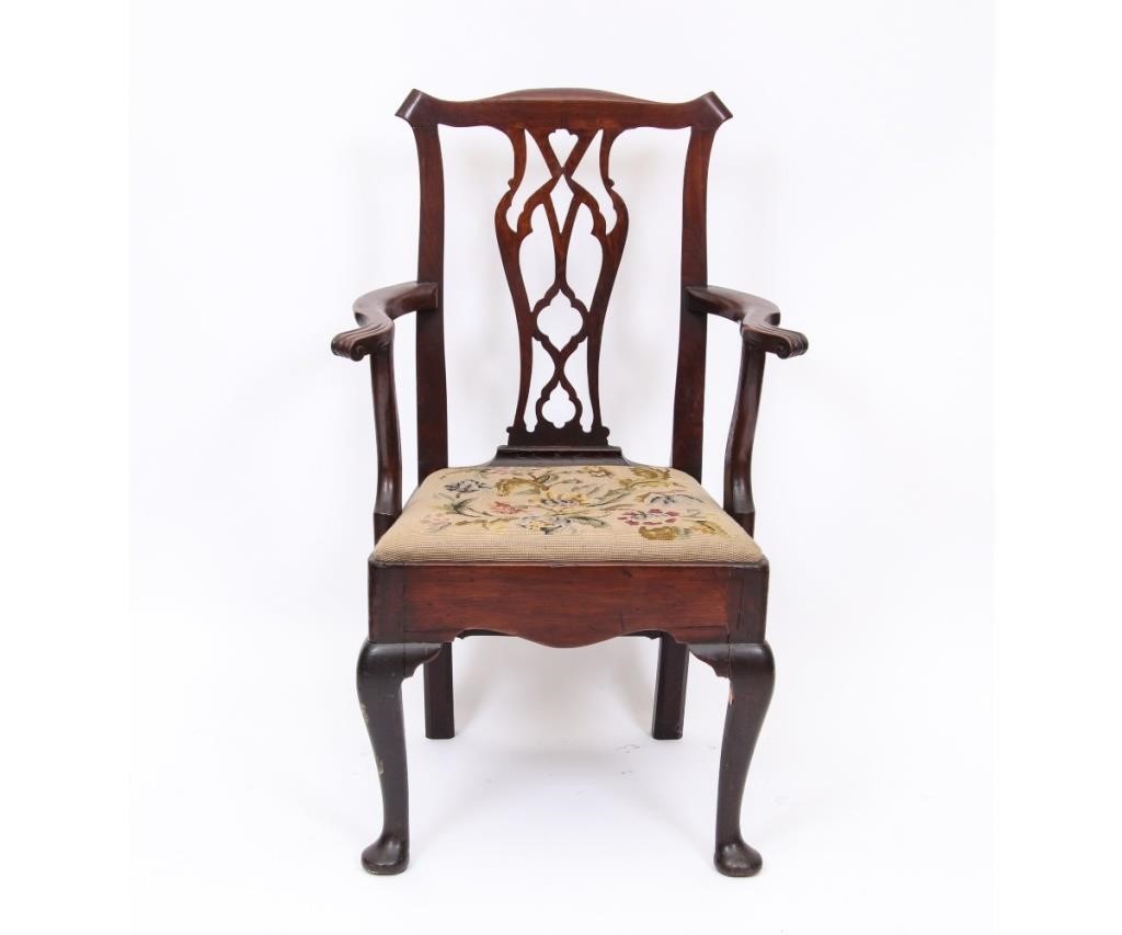 Appraisal: English Queen Anne oak armchair th c with needlepoint slip