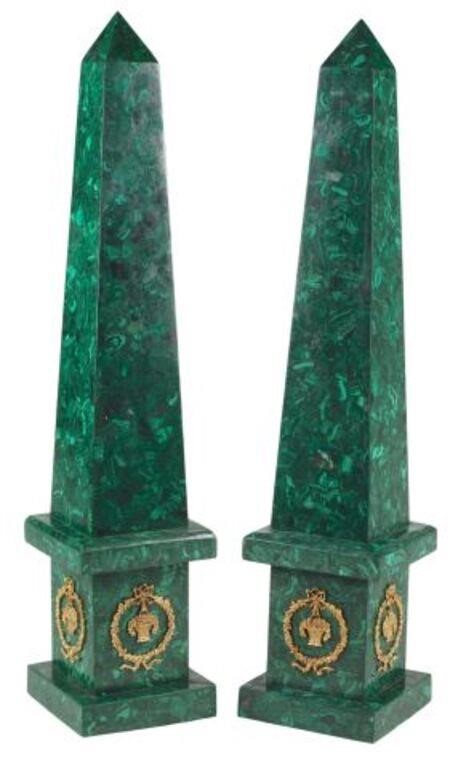 Appraisal: pair Monumental malachite veneered obelisks with gilt metal mounts approx