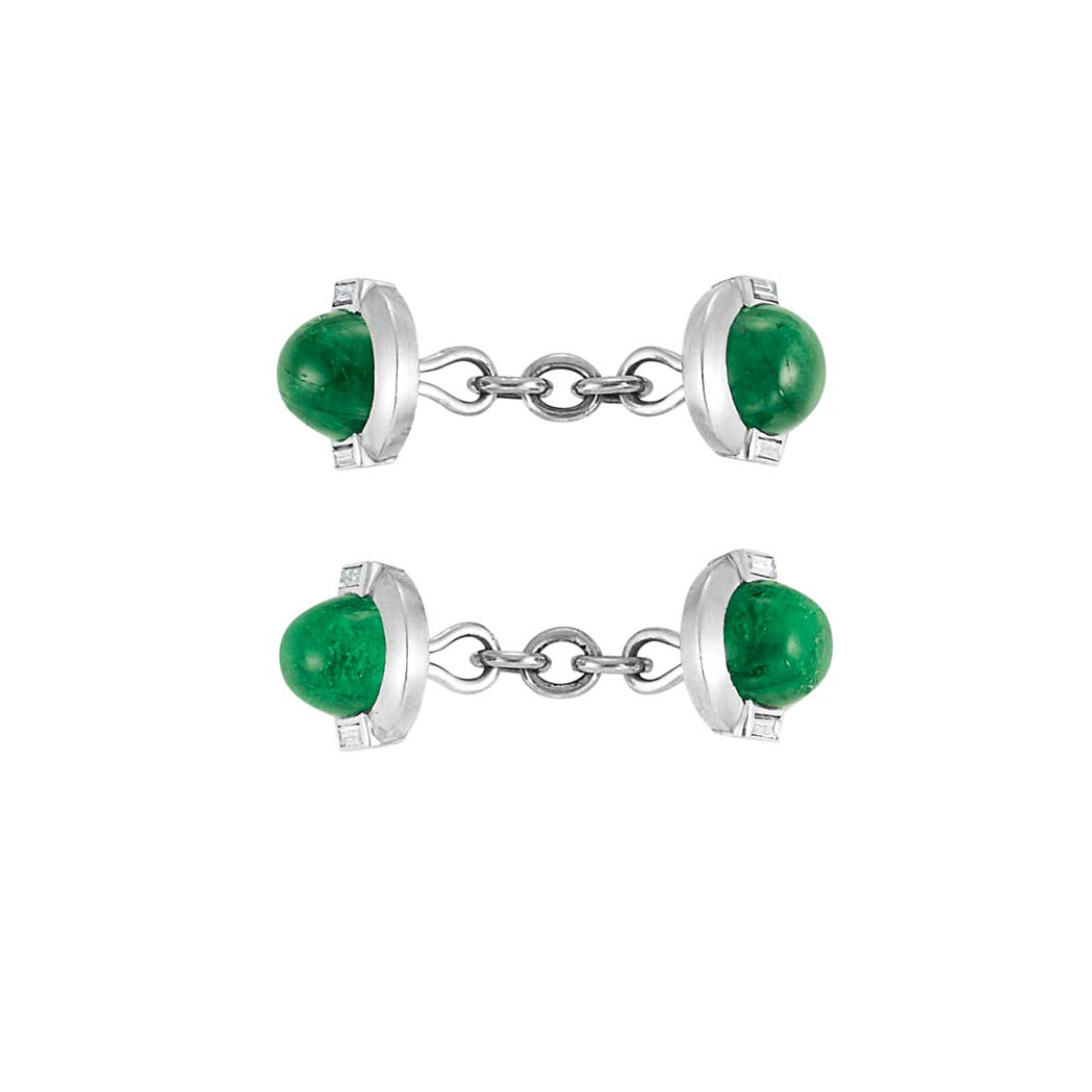 Appraisal: Pair of Art Deco Platinum Cabochon Emerald and Diamond Cufflinks