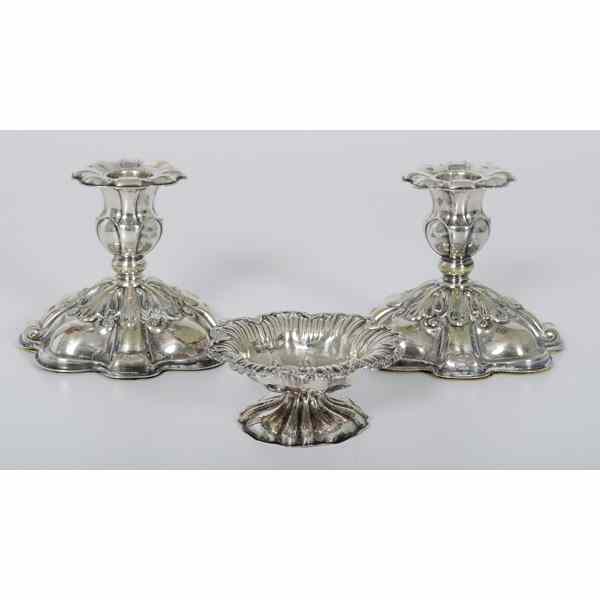 Appraisal: Sterling Candle Sticks Plus Continental A pair of weighted sterling