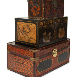 Appraisal: Three Chinese Wood and Lacquer Trunks TH TH CENTURY Largest