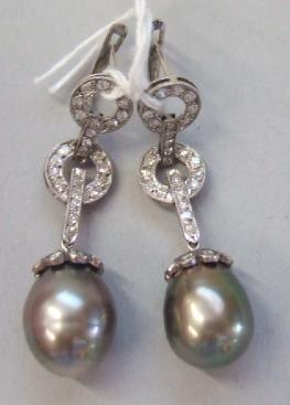 Appraisal: A pair of diamond and grey tinted cultured pearl drop