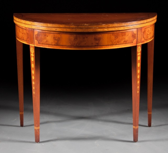 Appraisal: Federal style inlaid mahogany flip-top games table th century demilune