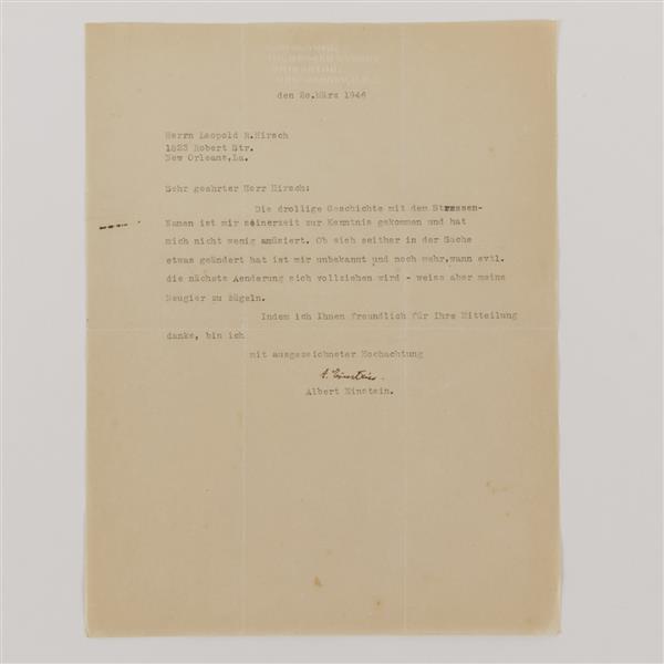 Appraisal: Albert Einstein signed letter to Herrn Leopold Hirsch typed in