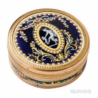 Appraisal: Antique Gold and Enamel Box the circular box depicting classical