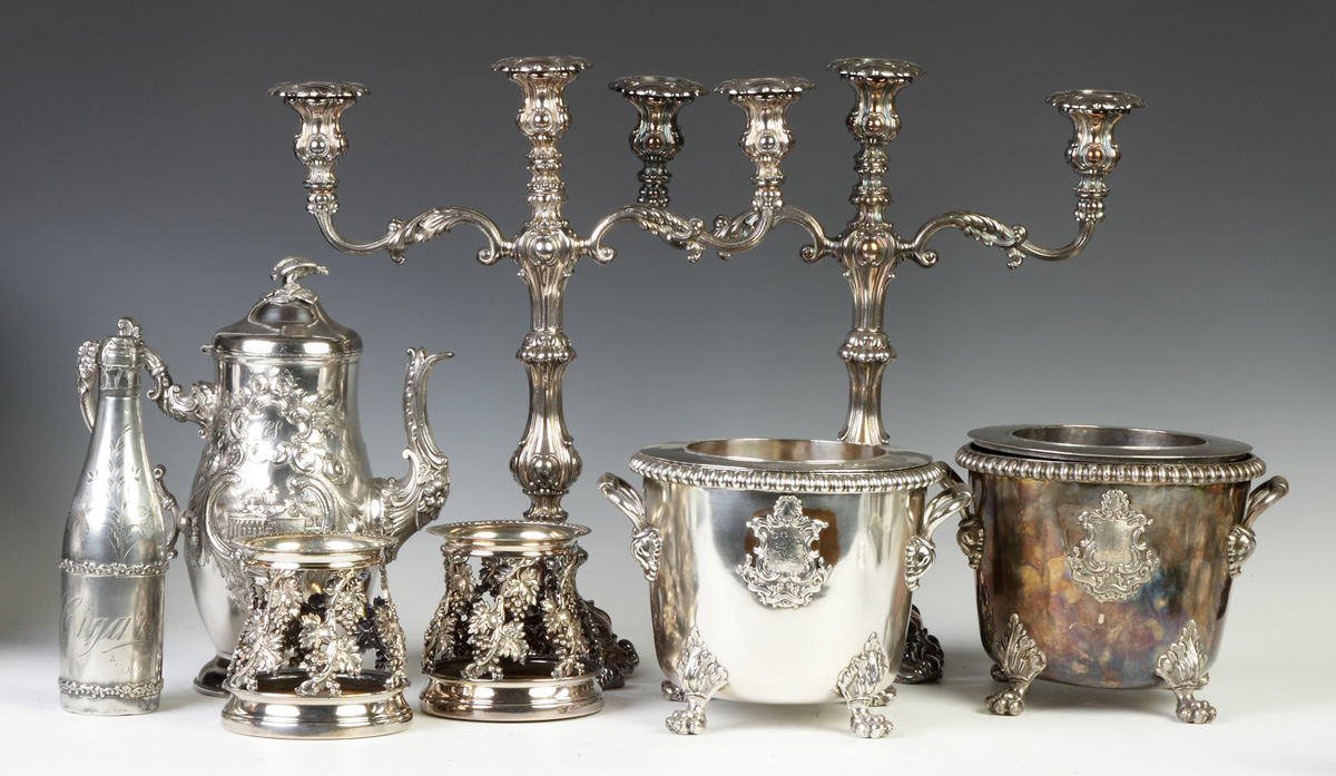 Appraisal: Group of Silver Plate incl Sheffield Waldorf 'Cigars' decanter engraved