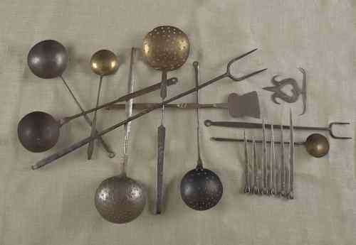 Appraisal: Six forged iron butcher's tools th c some with decorated