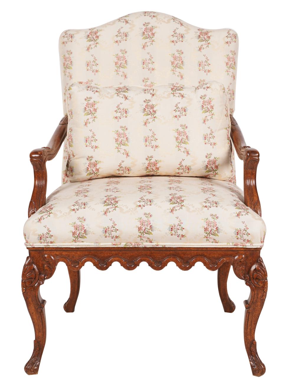 Appraisal: FRENCH WALNUT FAUTEUILLouis XV style with upholstered back and seat