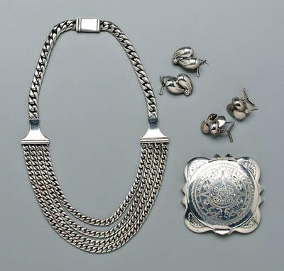 Appraisal: Five pieces Mexican silver jewelry heavy flattened link chain necklace