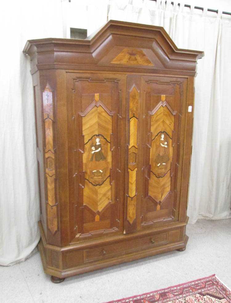 Appraisal: BAROQUE STYLE INLAID OAK AND WALNUT SCHRANK German th century