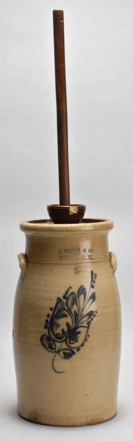 Appraisal: THREE-GALLON STONEWARE BUTTER CHURN th CenturyE Norton Co Bennington VT''