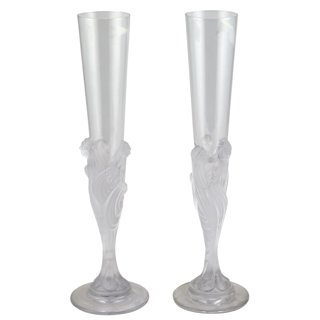 Appraisal: Two French Art Deco Style Molded Glass Champagne Flutes After