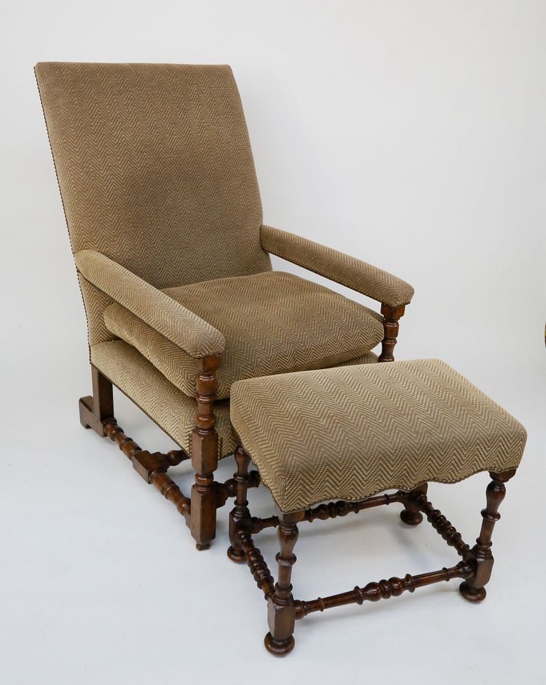 Appraisal: Oversized English Oak Upholstered Open Armchair Oversized English Oak Upholstered