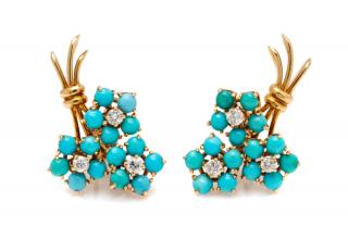 Appraisal: A Pair of Karat Yellow Gold Turquoise and Diamond Earclips