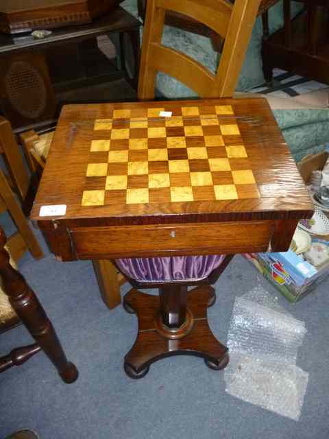 Appraisal: A VICTORIAN ROSEWOOD BURR MAPLE INLAID WORK TABLE with chess