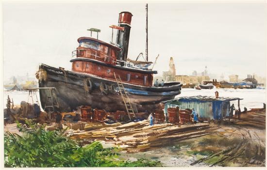 Appraisal: American School th century Tugboat in Baltimore Harbor watercolor on