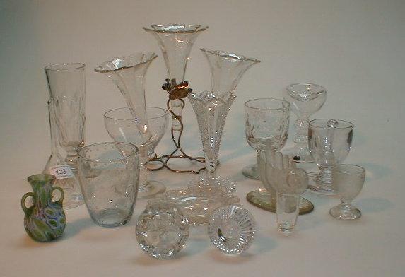 Appraisal: A three trumpet epergne a wine funnel various drinking glasses