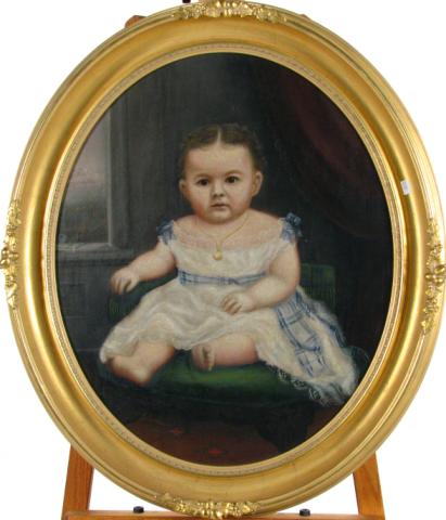 Appraisal: Unsigned x Oval Oil on Board Portrait of a baby