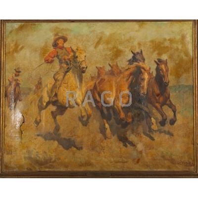 Appraisal: AMERICAN WEST ILLUSTRATION th c Oil on canvas The Roundup