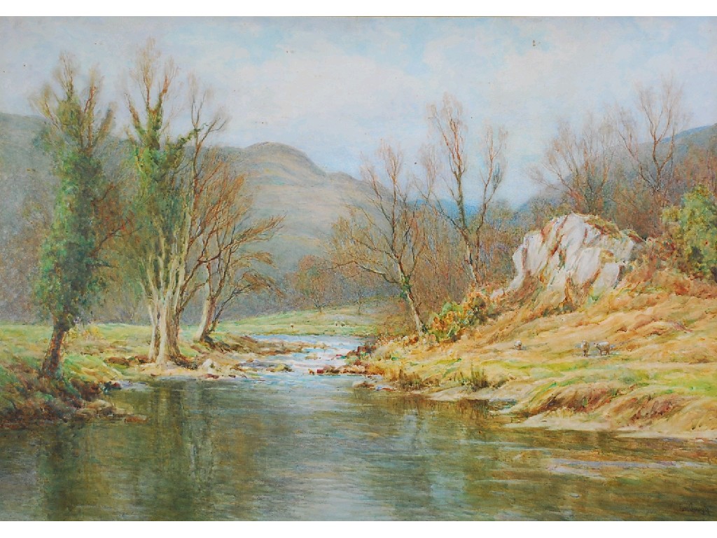 Appraisal: TOM CLOUGH WATERCOLOUR Sheep in a winter lakeland river landscape