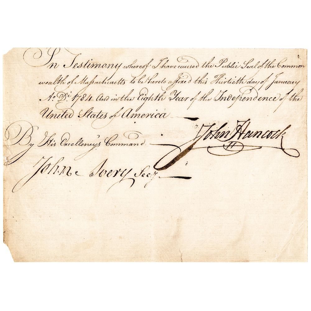 Appraisal: JOHN HANCOCK Outstanding Bold Massive Signature on Partial Document Dated