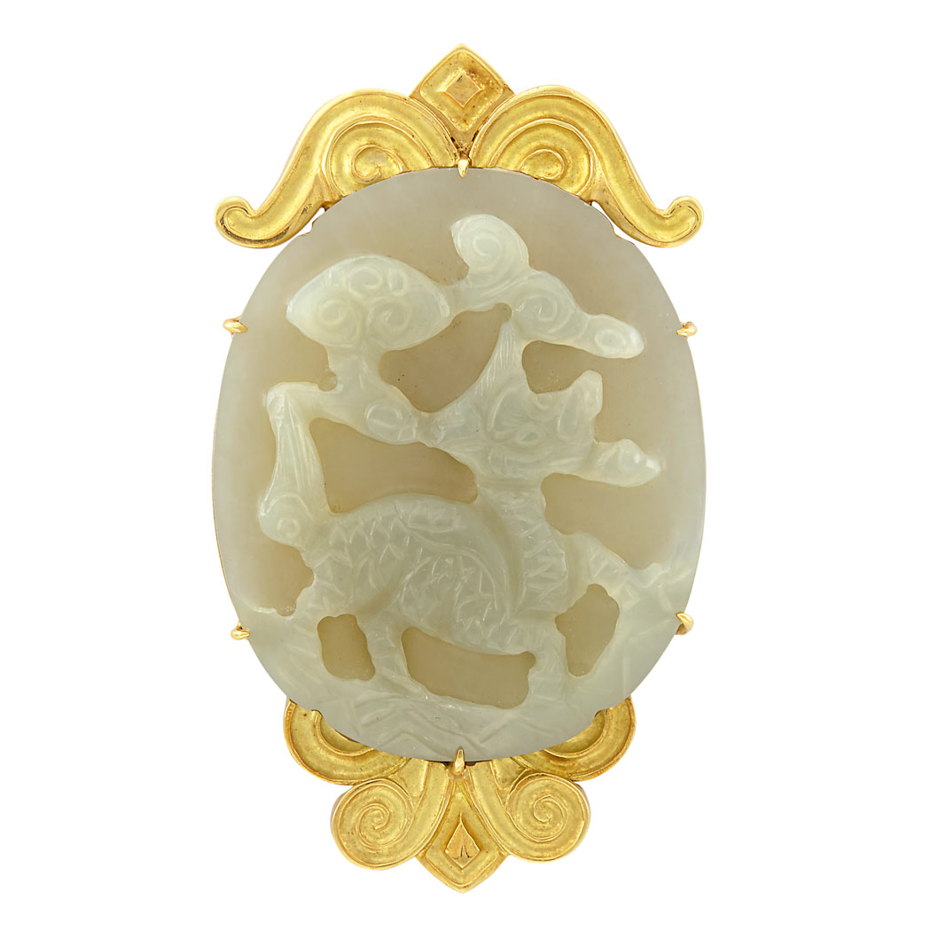 Appraisal: Gold and Carved Jade Pendant-Brooch Wander France kt one oval