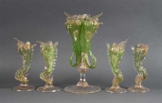 Appraisal: Venetian blown glass fish-form centerpiece and four matching vases th