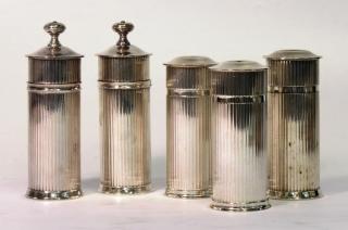 Appraisal: Luc Lanel for Christofle Reeded Salts Peppers Christofle France silver-plate