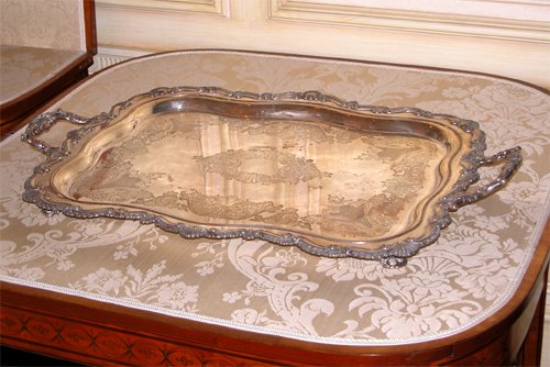 Appraisal: Title Silver-Plated Tray with shaped rectangular form bracket handles Medium