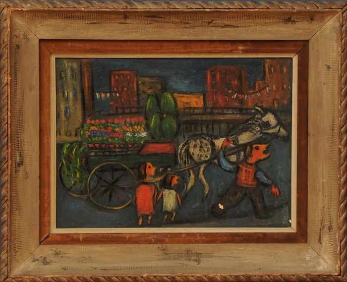 Appraisal: EUROPEAN SCHOOL STREET SCENE WITH HORSE AND FLOWER CART Oil